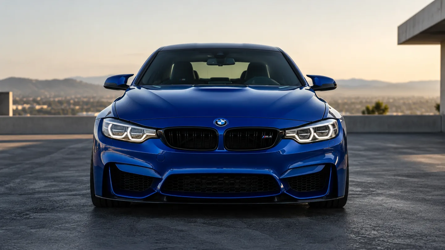 Blauer BMW M4 von vorn im Abendlicht